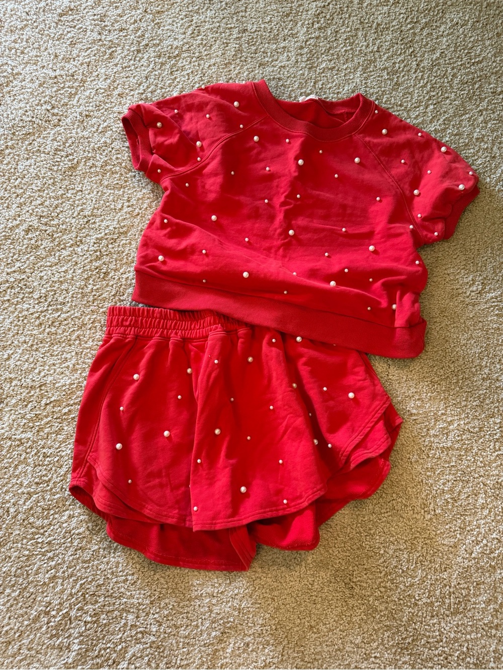 Red Pearl-Embellished Two-Piece Set